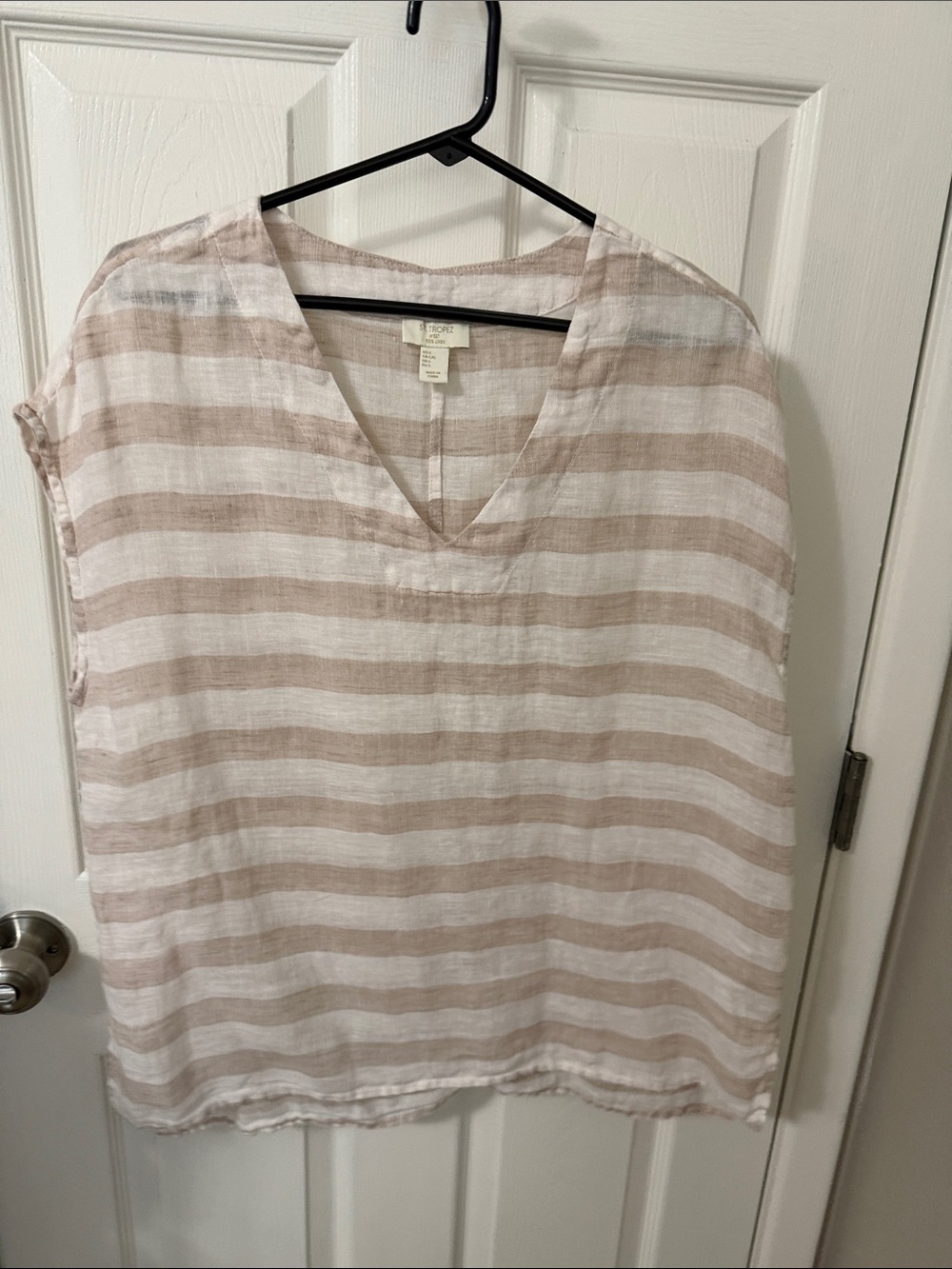 St. Tropez Beige and White Striped V-Neck Tunic Top